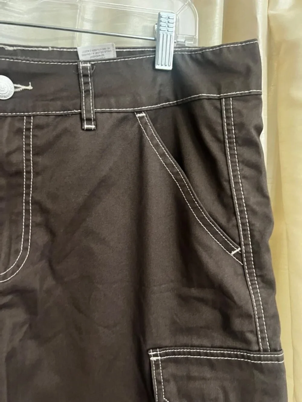 True Religion Cargo Shorts Brown Cotton Canvas Contrast Stitching Utility 34.
